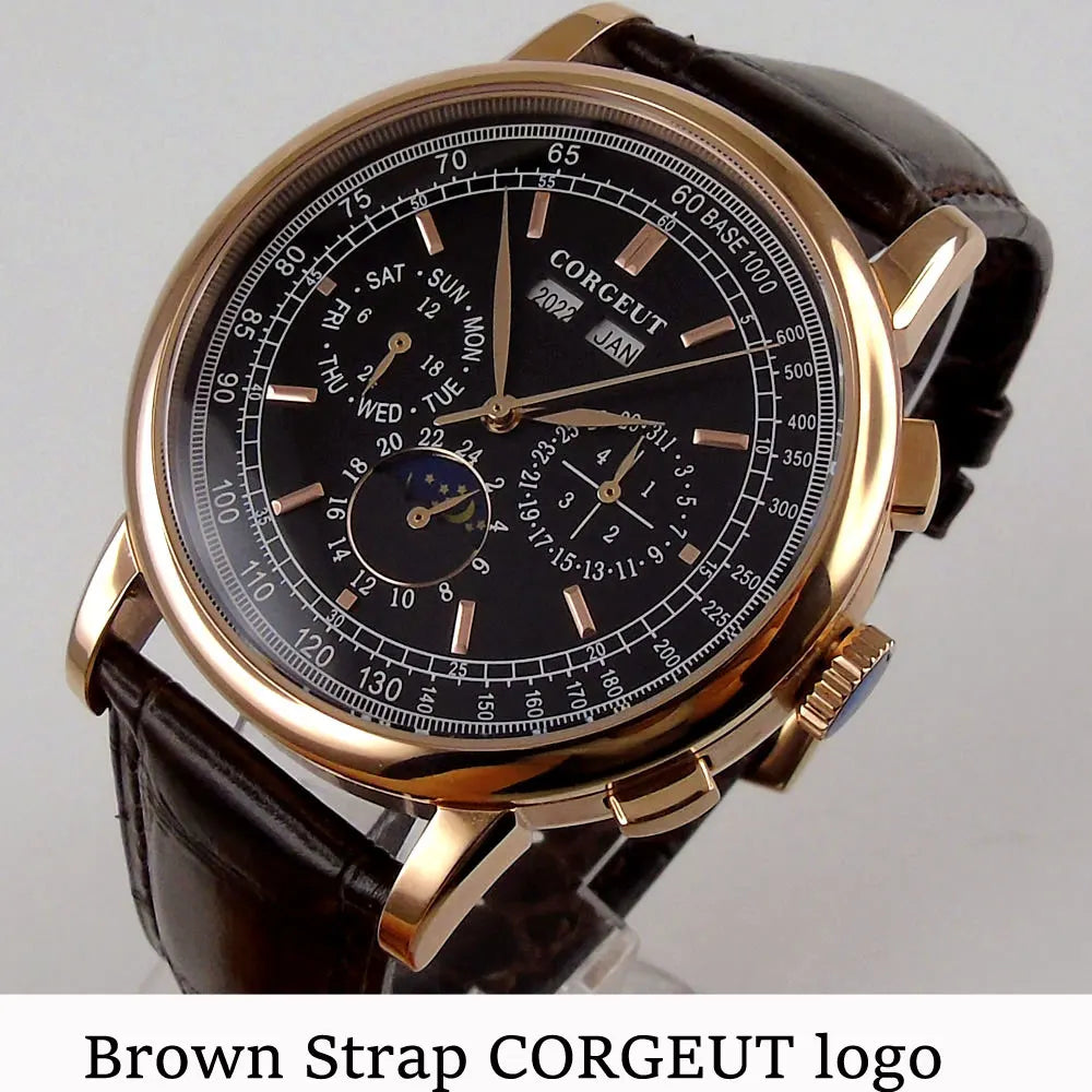 Corgeut 42mm Automatic Men's Watch Date Day Month Year Salmon Dial Multifunction 316L Leather Strap Polished Case Day Night
