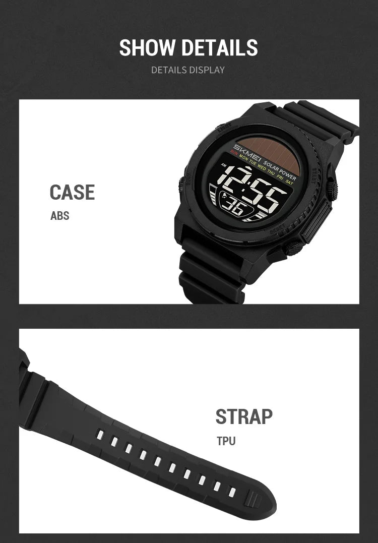 SKMEI Solar Energy Digital Sports Electronic Watches For Men Fashion Casual 5Bar Waterproof Chrono Wristwatch Clock Reloj Hombre