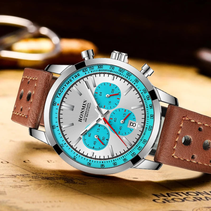 HONMIN Man Luxury Watch High Quality Waterproof Chronograph Luminous Men's Wristwatch Leather Men Quartz Watches Casual Clock