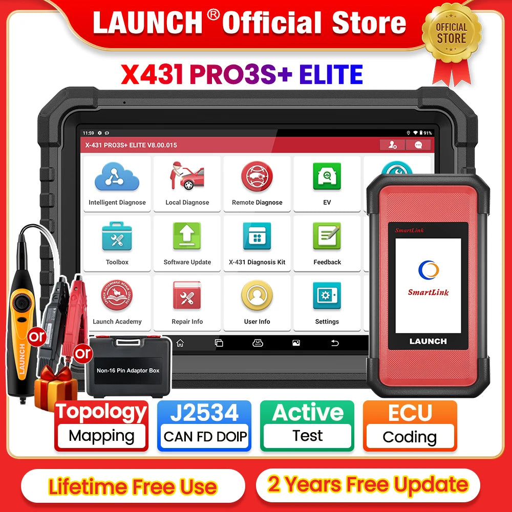 LAUNCH X431 PRO3S+ ELITE Car Diagnostic Tools J2534 Program Topology Map ECU Coding Auto OBD OBD2 Scanner CANFD/DoIP/FCA