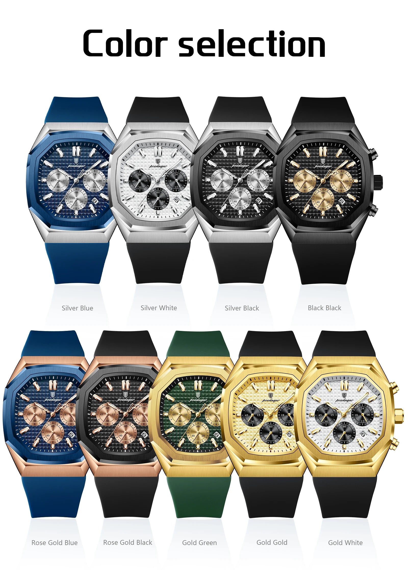 POEDAGAR Business Men's Wristwatch Chronograph Date Silicone Strap Man Watch Waterproof Luminous Military Quartz Watches For Men
