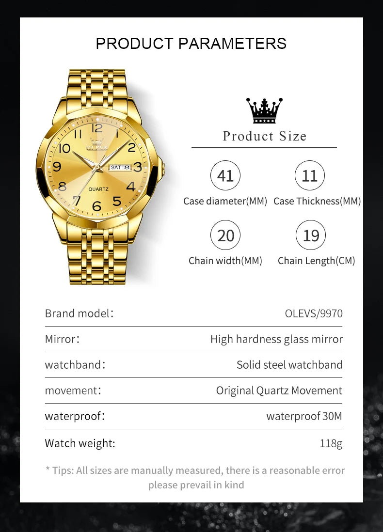 OLEVS Men's Watches Rhombus Mirror Original Quartz Watch for Man Waterproof Luminous Stainless Steel Wristwatch Male Date Week