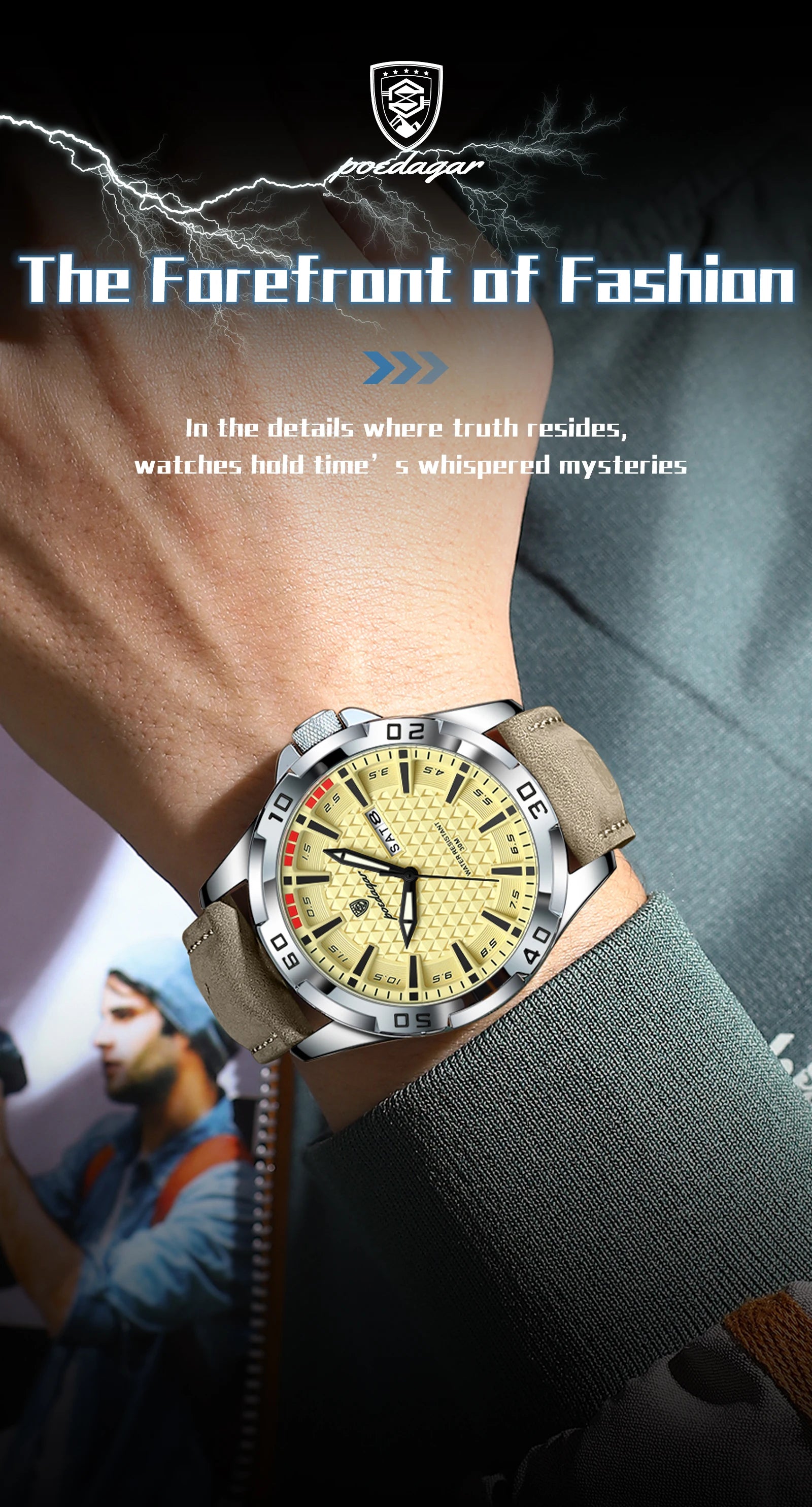 POEDAGAR Top Casual Sports Men Watch Waterproof Luminous Date Week Fashion Watch For Man Leather Classic Men's Quartz Wristwatch