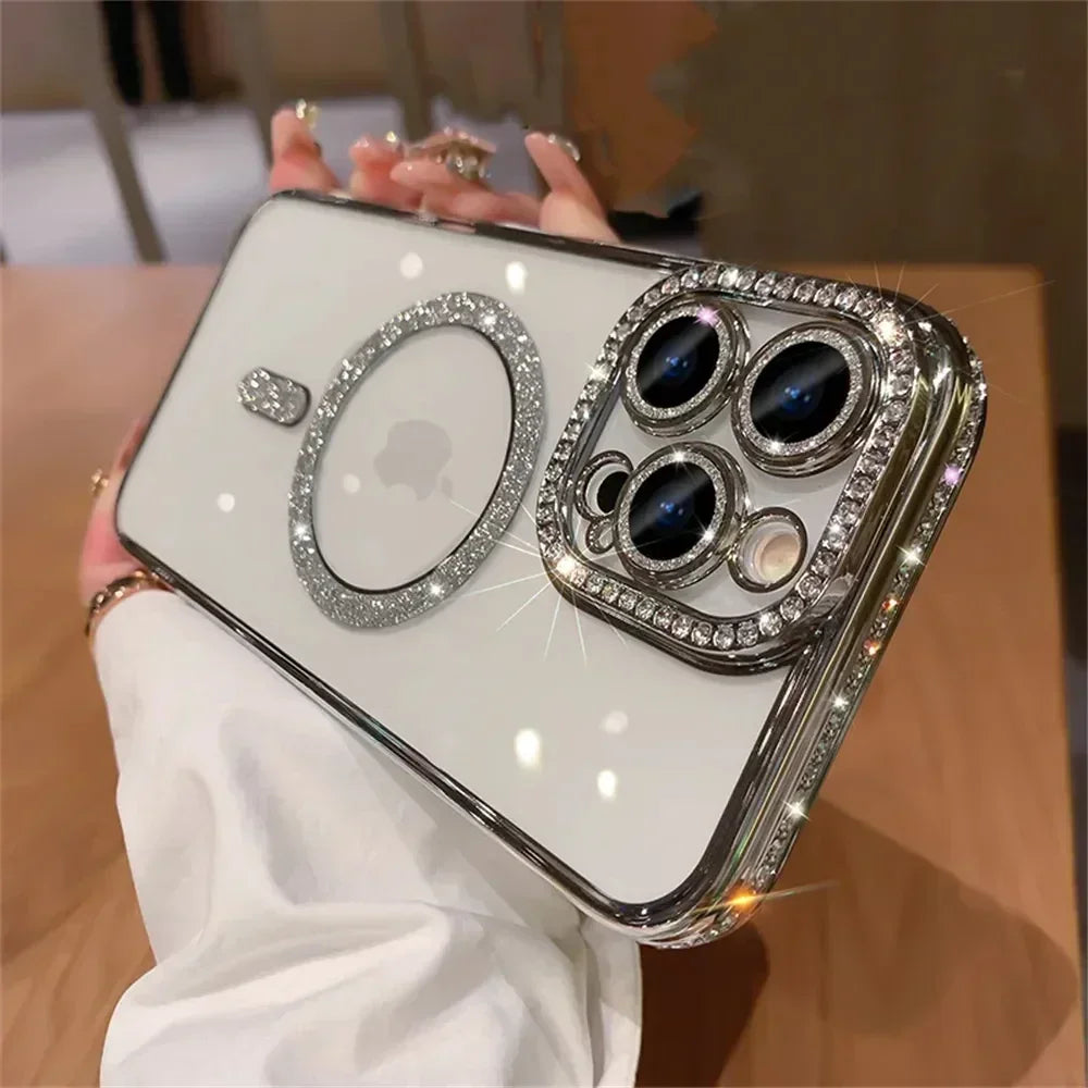 New Fashion Glitter Diamond Transparent Case For iPhone 17 16 15 14 13 11 12 Pro Max Funda Magnetic Wireless Charge Bumper Cover