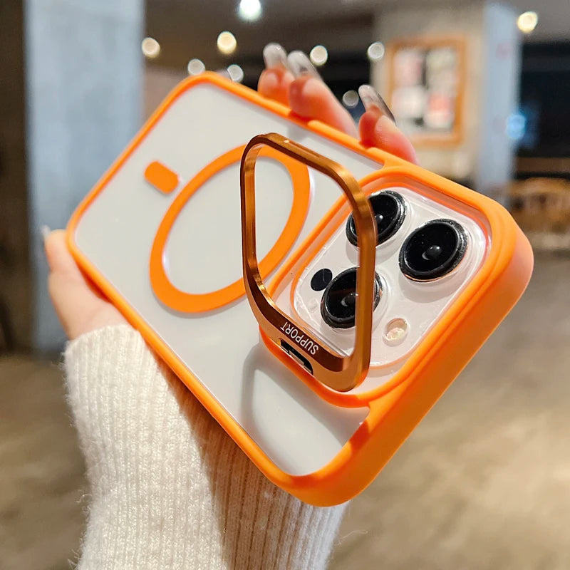 For Magsafe Stand Glass Lens Protector Case For iPhone17 16 15 14 13 11 12 Pro Max 16 Plus Luxury Magnetic Shockproof Back Cover