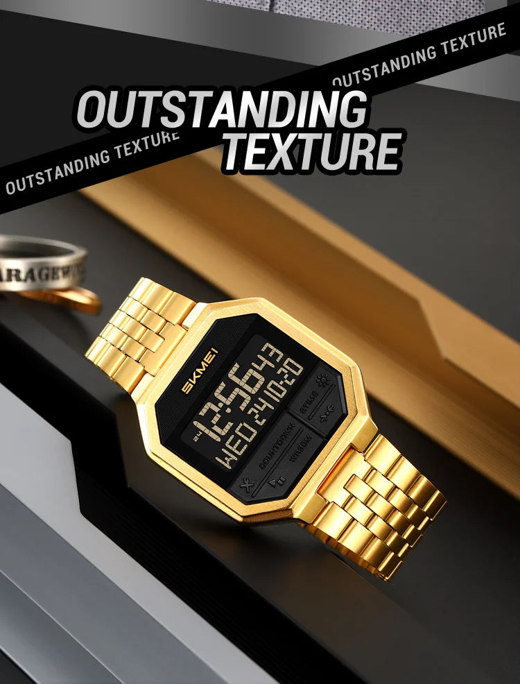 Skmei Luxury Steel Strap Digital Watches for Mens LED Light 50M Waterproof Fashion Sports Dual Time with Alarm Clock