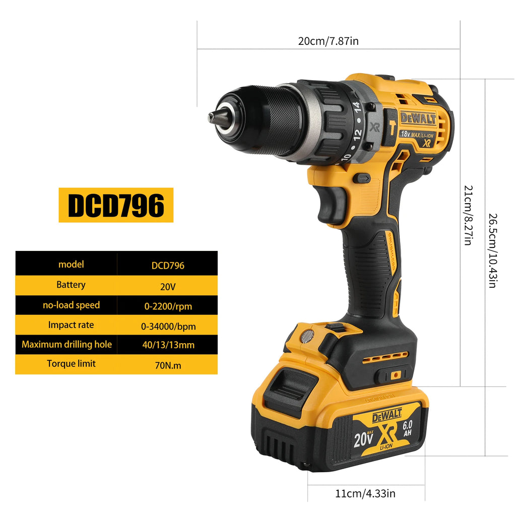 DEWALT US DCD796 Cordless Brushless Impact Drill 20V Battery Portable Compact Rechargeable Power Tools