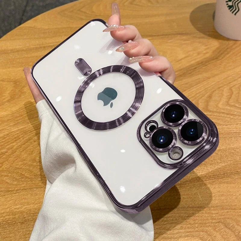 Luxury Wireless Charge Phone Case For iPhone 15 14 13 12 11 16 17 Pro Max Plus Air Transparent Magnetic Bumper Cover