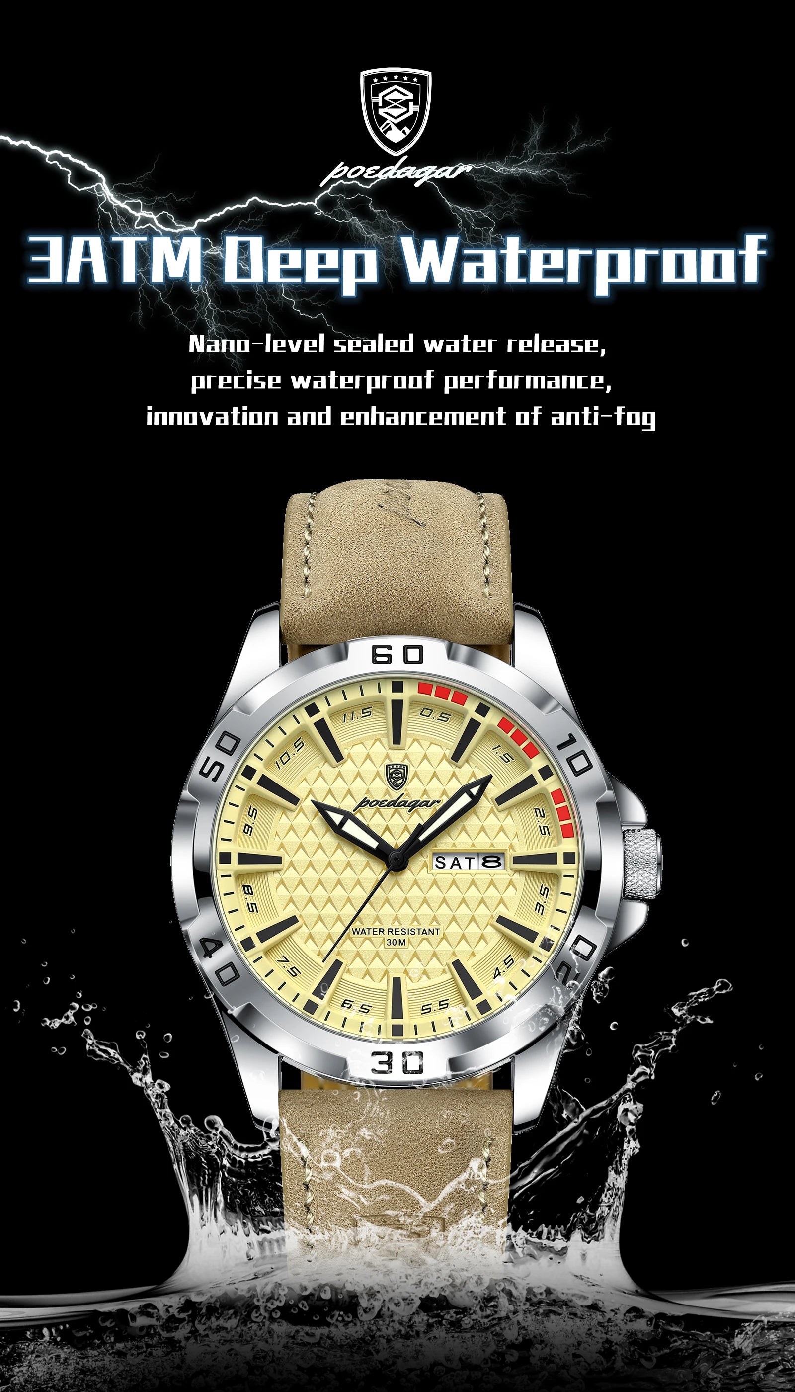POEDAGAR Top Casual Sports Men Watch Waterproof Luminous Date Week Fashion Watch For Man Leather Classic Men's Quartz Wristwatch