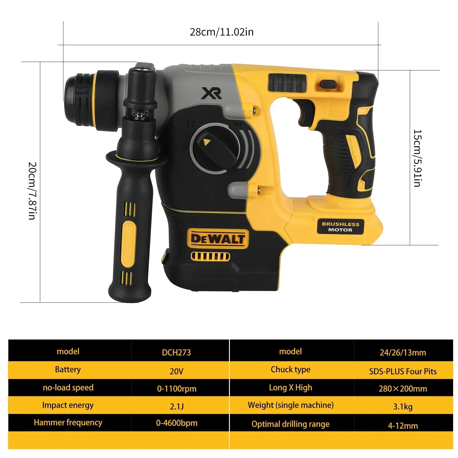 2026 DEWALT us DCH273 20V 6.0Ah Brushless Rotary Hammer SDS-Plus Chuck 0-1100rpm Stepless Speed 360° Handle for Concrete Drilling