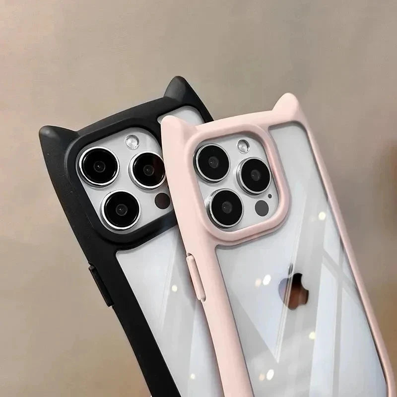 Soft Silicone Cute Cat Ear Phone Case For iPhone 16 17 13 15 14 12 11 Pro Max Air XS Max Funda Transparent Shockproof Back Cover