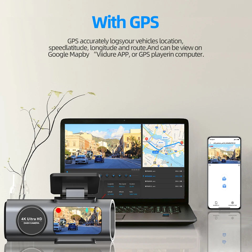 Dash Cam 4K UHD Recording Car Camera DVR us Night Vision Video Recorder Built-In Wi-Fi Support GPS 24H Parking