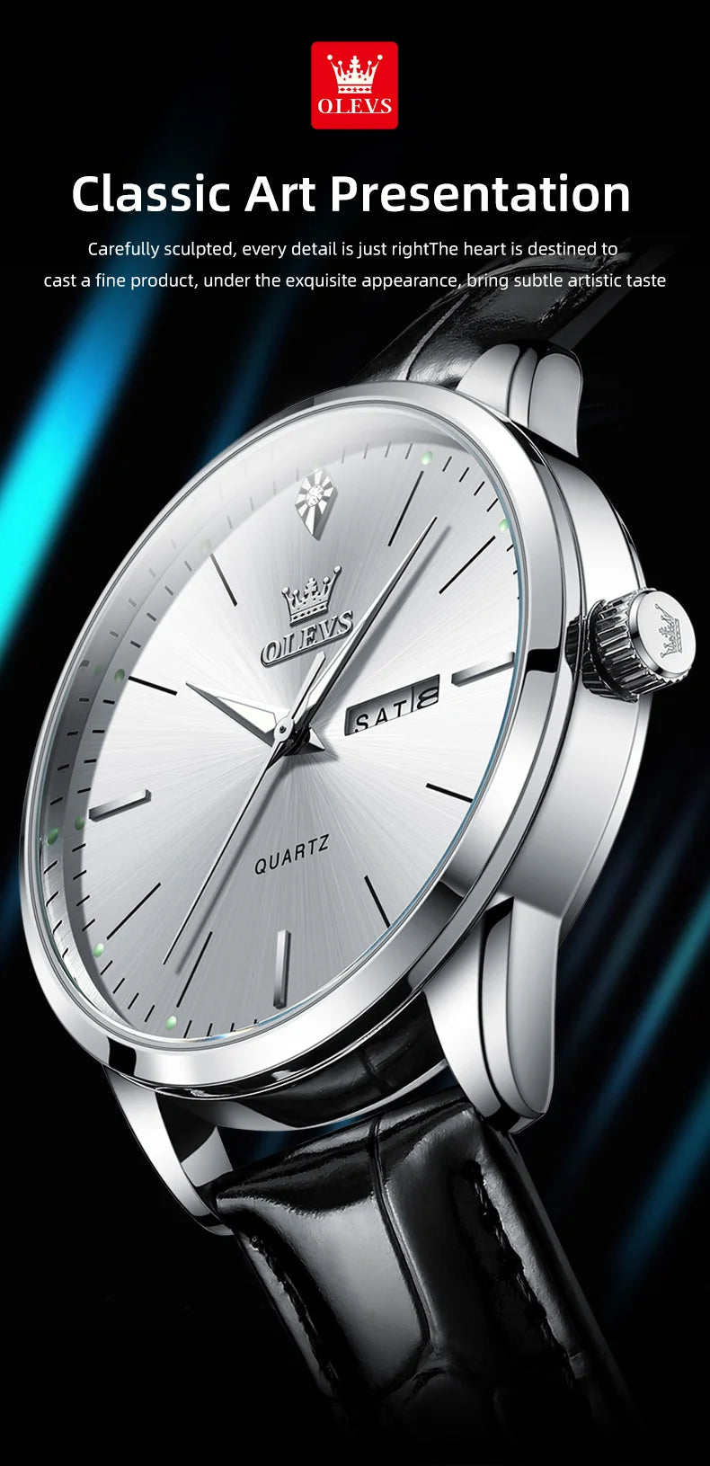 OLEVS 2935 Men's Watch Dual Calendar Waterproof Luminous Quartz Watch For Men 43mm Big Dial Leather Fashion Business Wristwatch