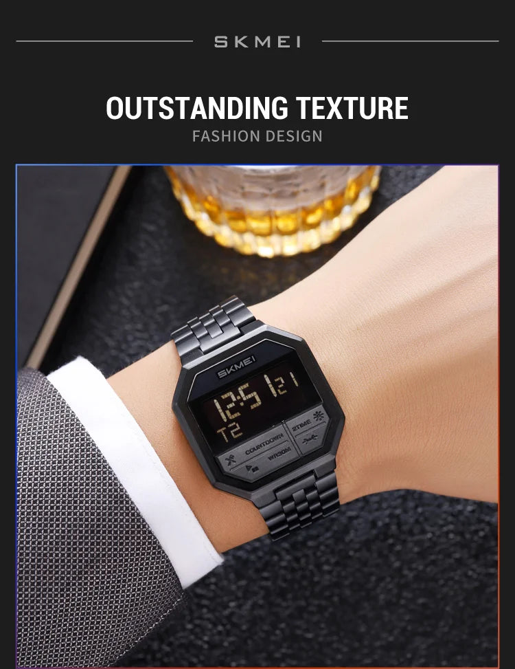 Skmei Luxury Steel Strap Digital Watches for Mens LED Light 50M Waterproof Fashion Sports Dual Time with Alarm Clock