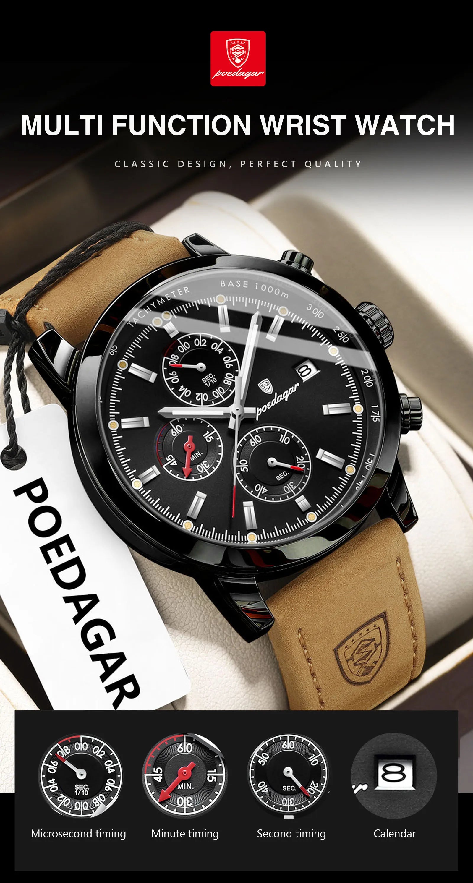 POEDAGAR Fashion Quartz Men's Watch Waterproof Luminous Chronograph Date Leather Man Watch Luxury Business Watches For Men Reloj