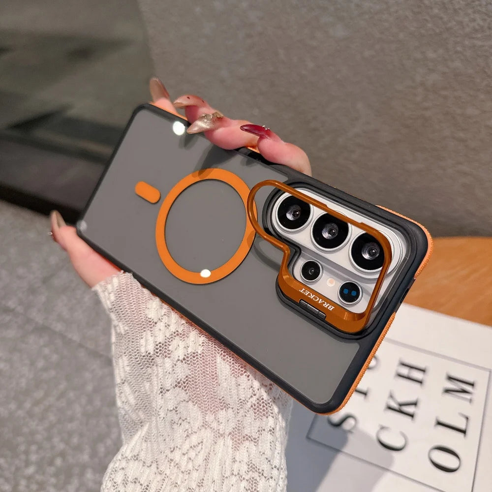 Flip Metal Lens Holder Case for Samsung Galaxy S26 Ultra S25 S22 S24 S23 Ultra FE S26 Edge Plus Magnetic Wireless Charging Cover