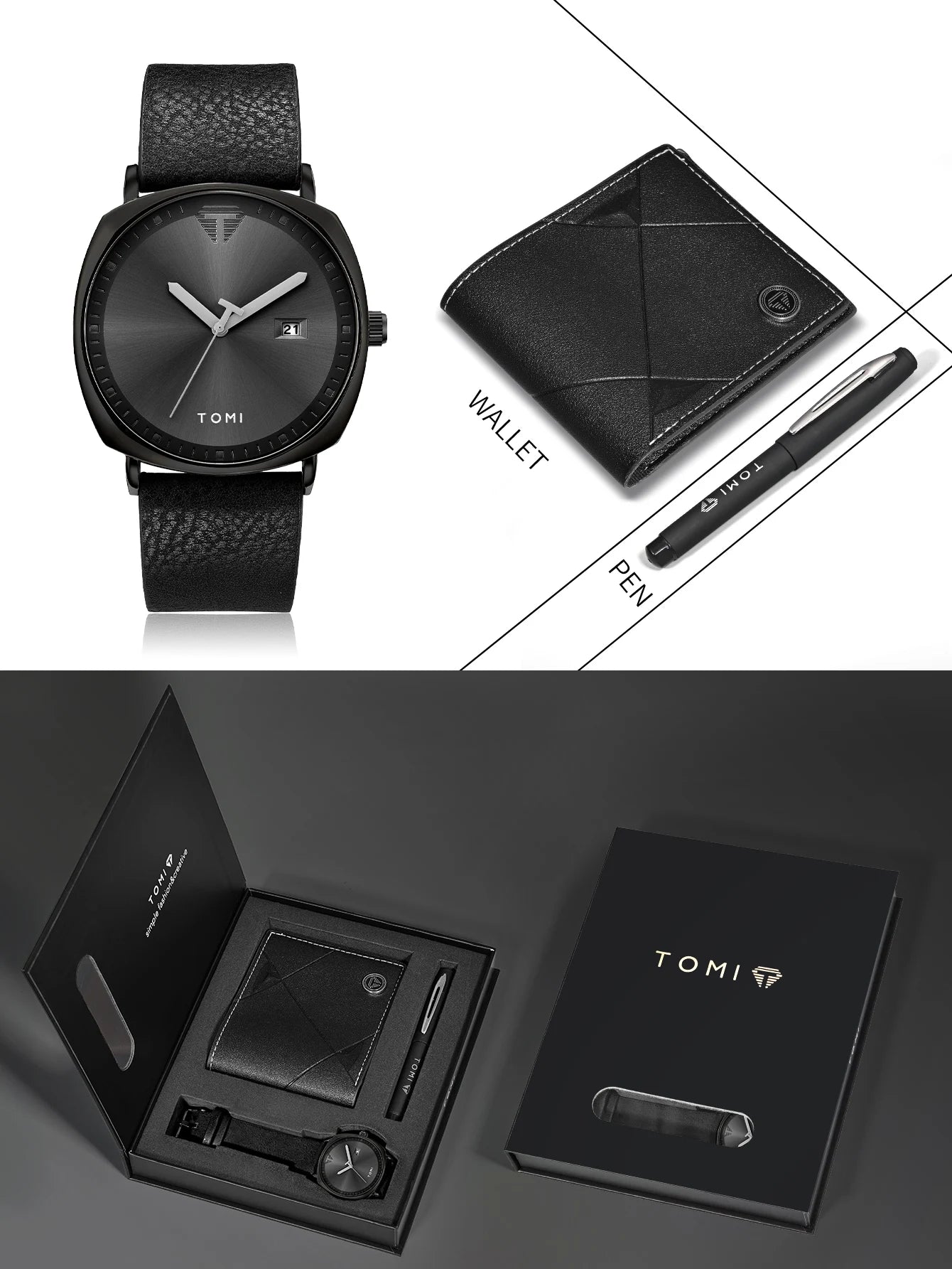 TOMI 3PCS Simple Business Men Watch Wallet Gift Box Set High Quality Classic Versatile Men Quartz Watch Clock Gifts Reloj