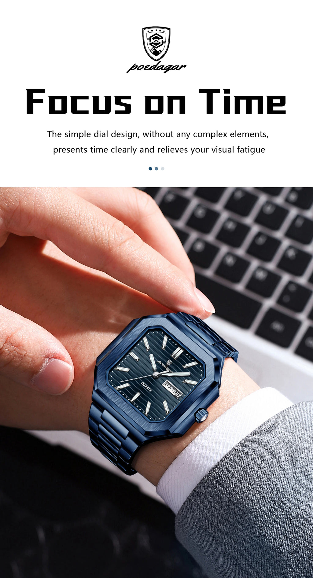 POEDAGAR Top Luxury Brand Male Watch Waterproof Luminous Date Week Quartz Men's Watches Stainless Steel Fashion Square Men Watch