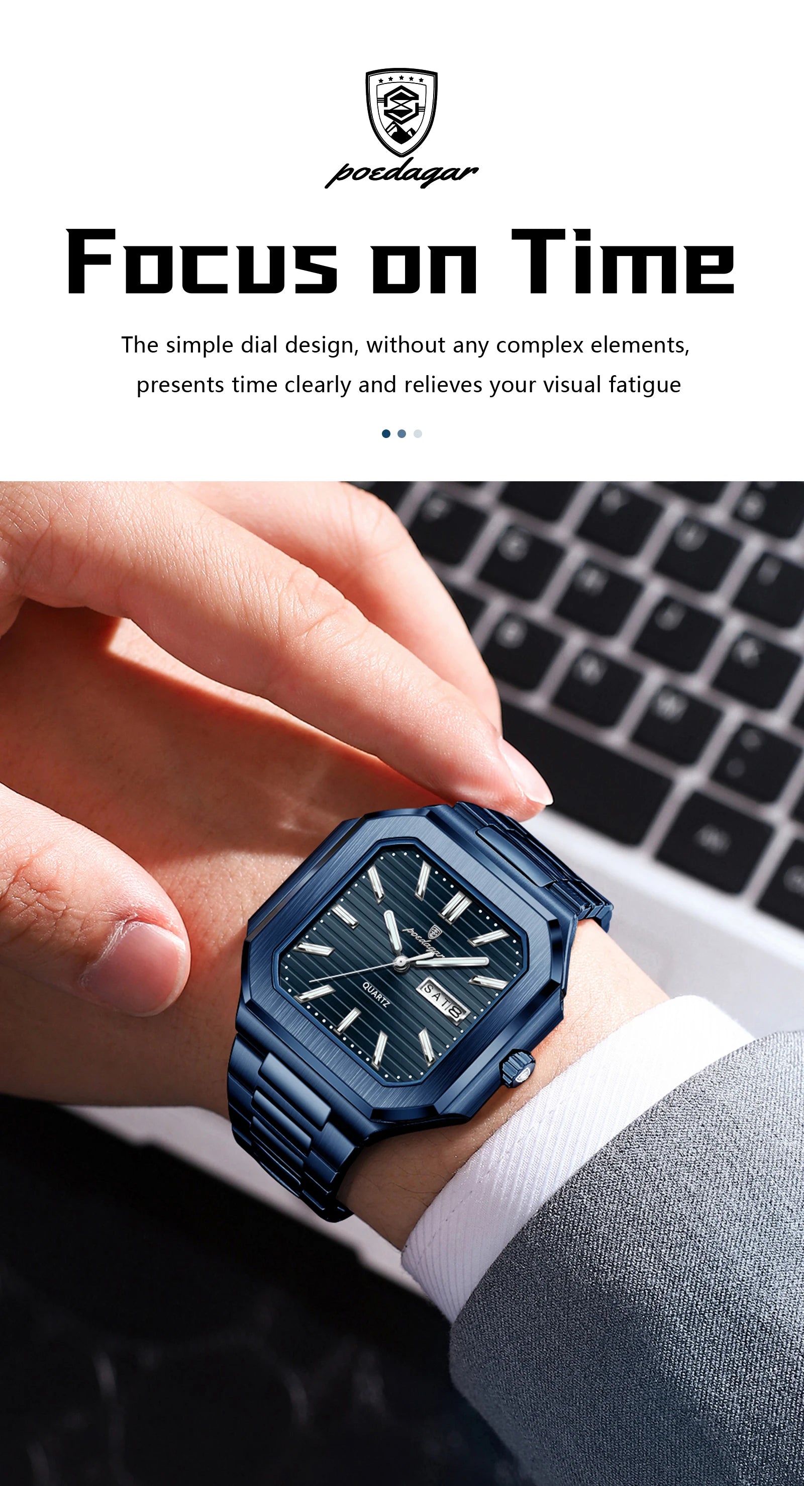 POEDAGAR Top Luxury Brand Male Watch Waterproof Luminous Date Week Quartz Men's Watches Stainless Steel Fashion Square Men Watch