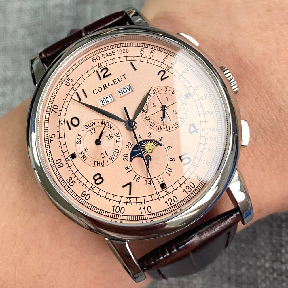 Corgeut 42mm Automatic Men's Watch Date Day Month Year Salmon Dial Multifunction 316L Leather Strap Polished Case Day Night