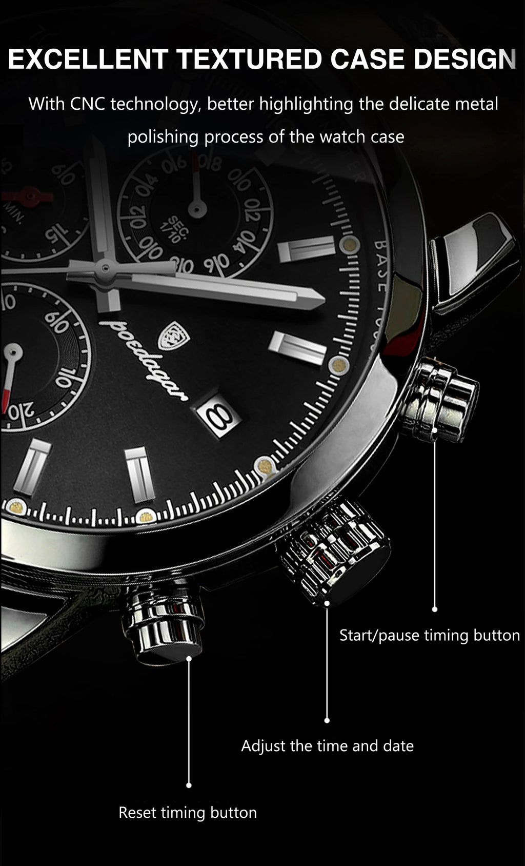 POEDAGAR Fashion Quartz Men's Watch Waterproof Luminous Chronograph Date Leather Man Watch Luxury Business Watches For Men Reloj