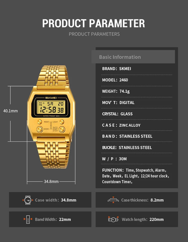 SKMEI 2460 Fashion Brand Men's Electronic Watch Multifunction Luminous Calendar Waterproof Steel Strap Sport Men Digital Watches
