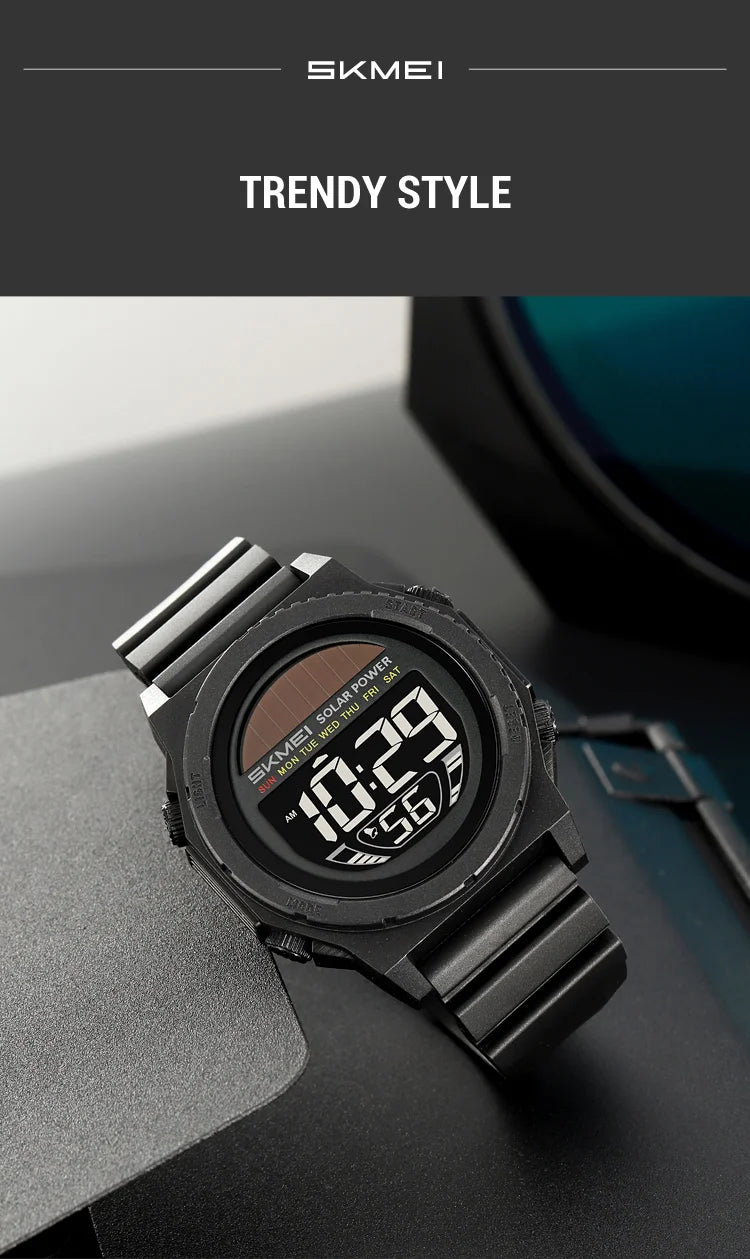 SKMEI Solar Energy Digital Sports Electronic Watches For Men Fashion Casual 5Bar Waterproof Chrono Wristwatch Clock Reloj Hombre