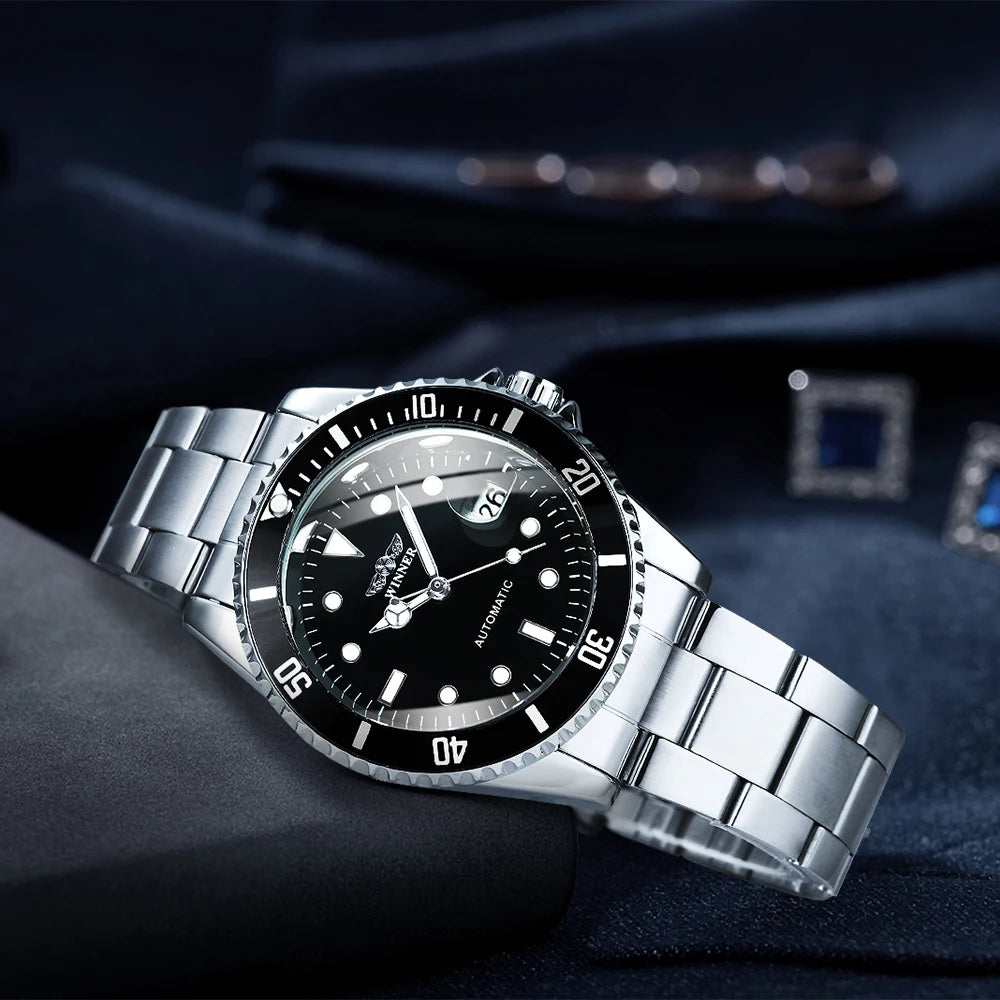 WINNER Classic Mechanical Watch for Men Rotating Bezel Luminous Calendar Fashion Business Automatic Watches Stainless Steel Band