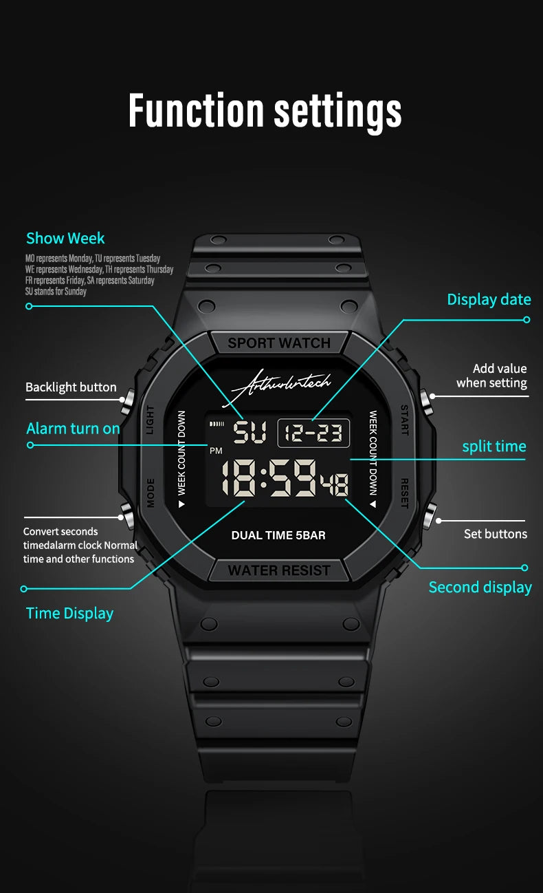 Military Digital Watch for Men Sports Waterproof Shockproof Mens Wristwatches LED Didplay Alarm Clock Reloj Hombre