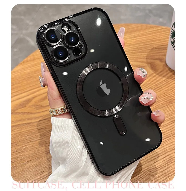 Luxury Plating For Magsafe Case For iPhone 16 15 14 13 12 11 Pro Max Wireless Charge Magnetic Cover With Camera Lens Protector