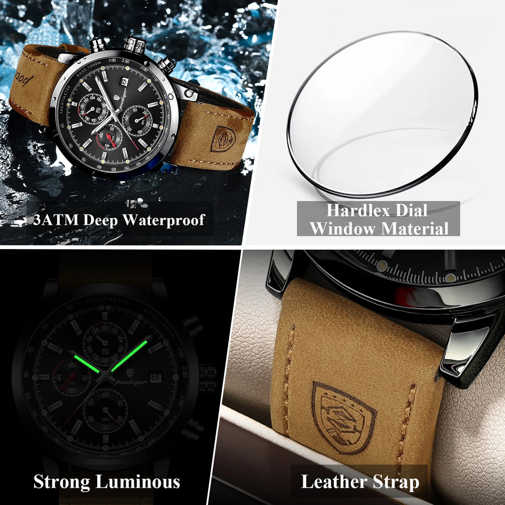 POEDAGAR Fashion Quartz Men's Watch Waterproof Luminous Chronograph Date Leather Man Watch Luxury Business Watches For Men Reloj