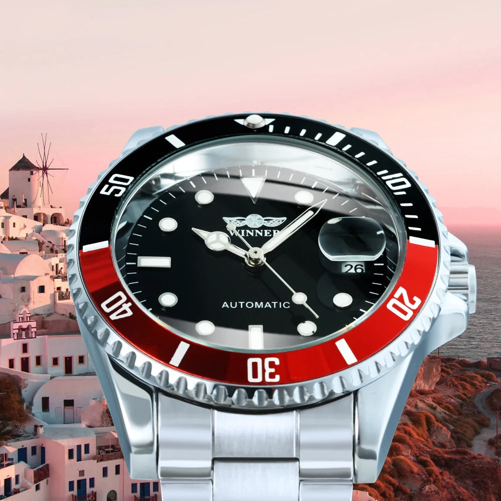 WINNER Classic Mechanical Watch for Men Rotating Bezel Luminous Calendar Fashion Business Automatic Watches Stainless Steel Band