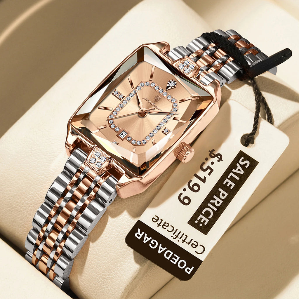 POEDAGAR Luxury Rectangle Watch For Woman Waterproof Calendar Simple Ladies Watch Fashion Stainless Steel Quartz Women's Watches
