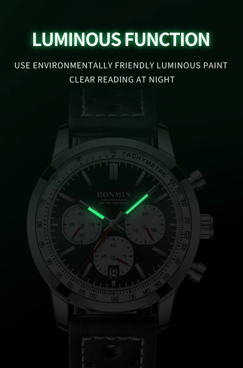 HONMIN Man Luxury Watch High Quality Waterproof Chronograph Luminous Men's Wristwatch Leather Men Quartz Watches Casual Clock