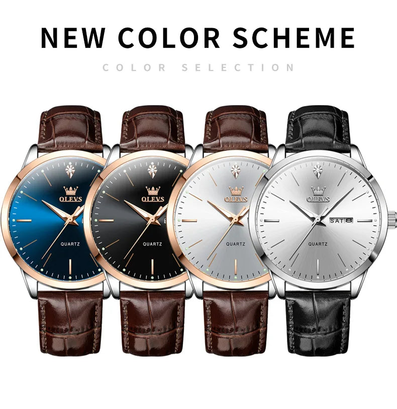 OLEVS 2935 Men's Watch Dual Calendar Waterproof Luminous Quartz Watch For Men 43mm Big Dial Leather Fashion Business Wristwatch