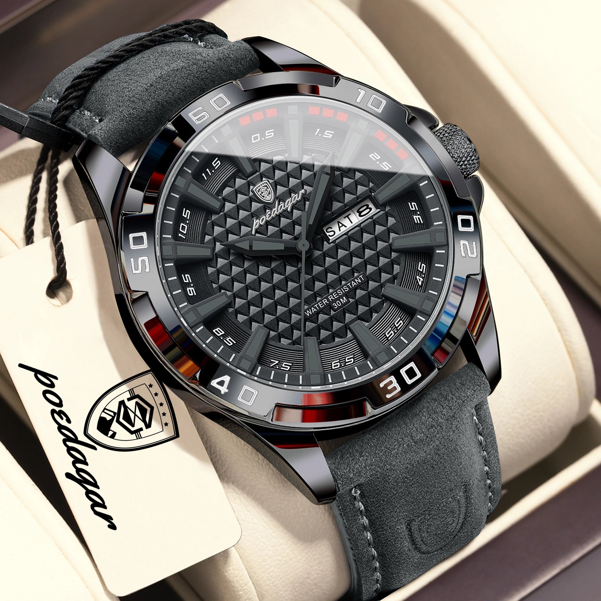 POEDAGAR Top Casual Sports Men Watch Waterproof Luminous Date Week Fashion Watch For Man Leather Classic Men's Quartz Wristwatch