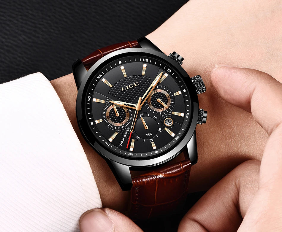 LIGE New Brown Leather Watch for Men Fashion Top Brand Luxury Men's Quartz Wristwatches Casual Waterproof Luminous Chronograph