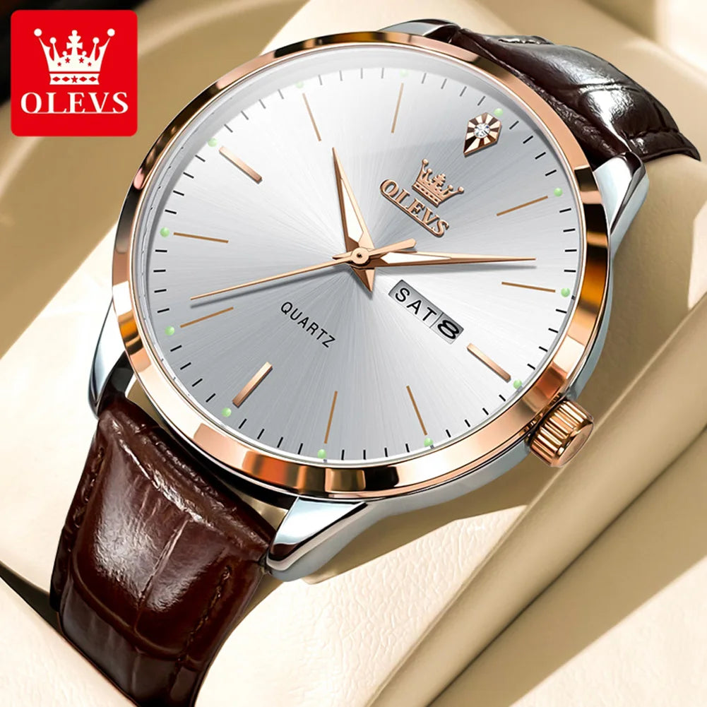 OLEVS 2935 Men's Watch Dual Calendar Waterproof Luminous Quartz Watch For Men 43mm Big Dial Leather Fashion Business Wristwatch