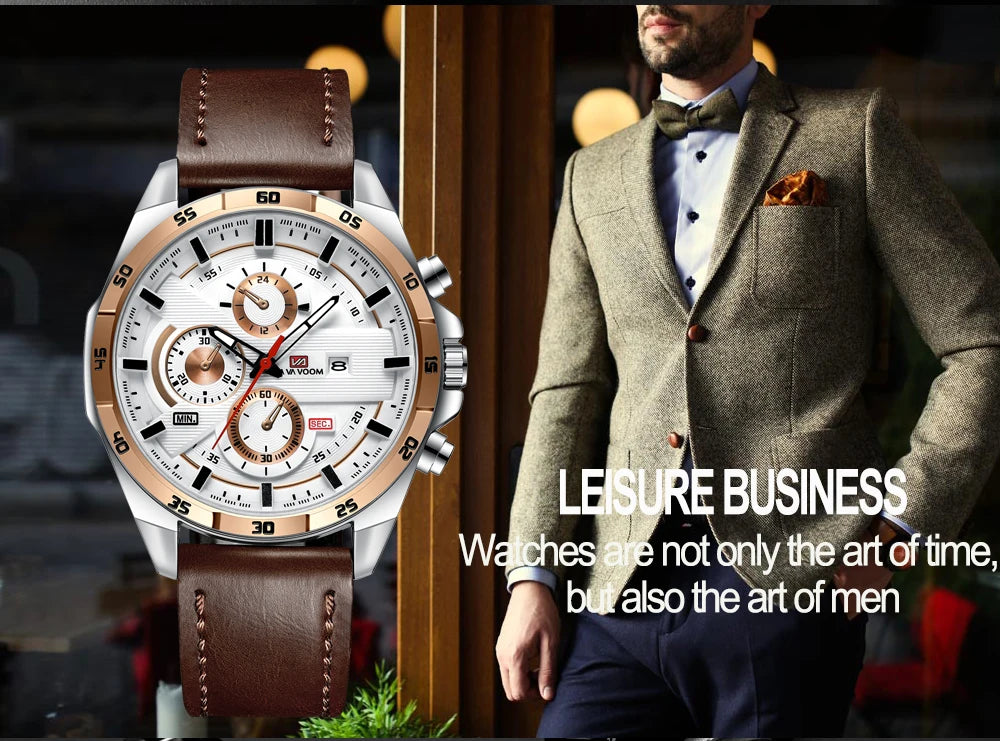 Man Sports Watches Fashion Racing Series 46mm Black Leather Clock VA VA VOOM Quartz Movement 3Bar Waterproof Wrist Watch for Men