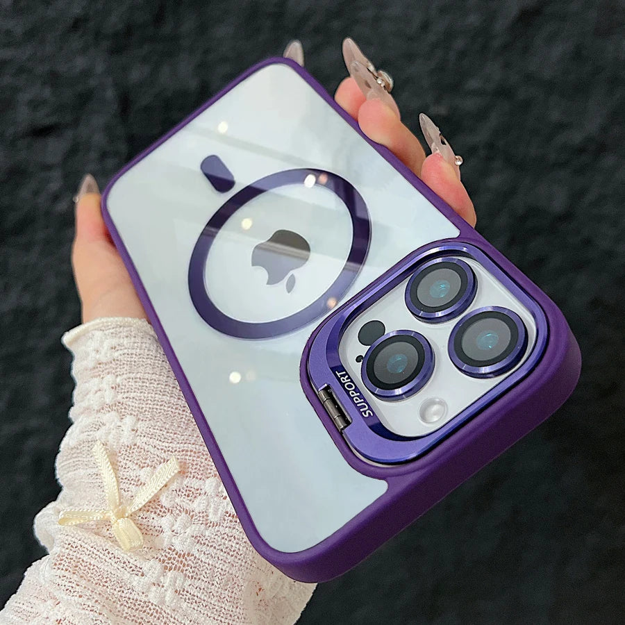 Luxury Magnetic Shockproof Phone Case For iPhone 17 15 16 14 13 12 11 Pro Max For Magsafe Funda Stand Glass Lens Protector Cover