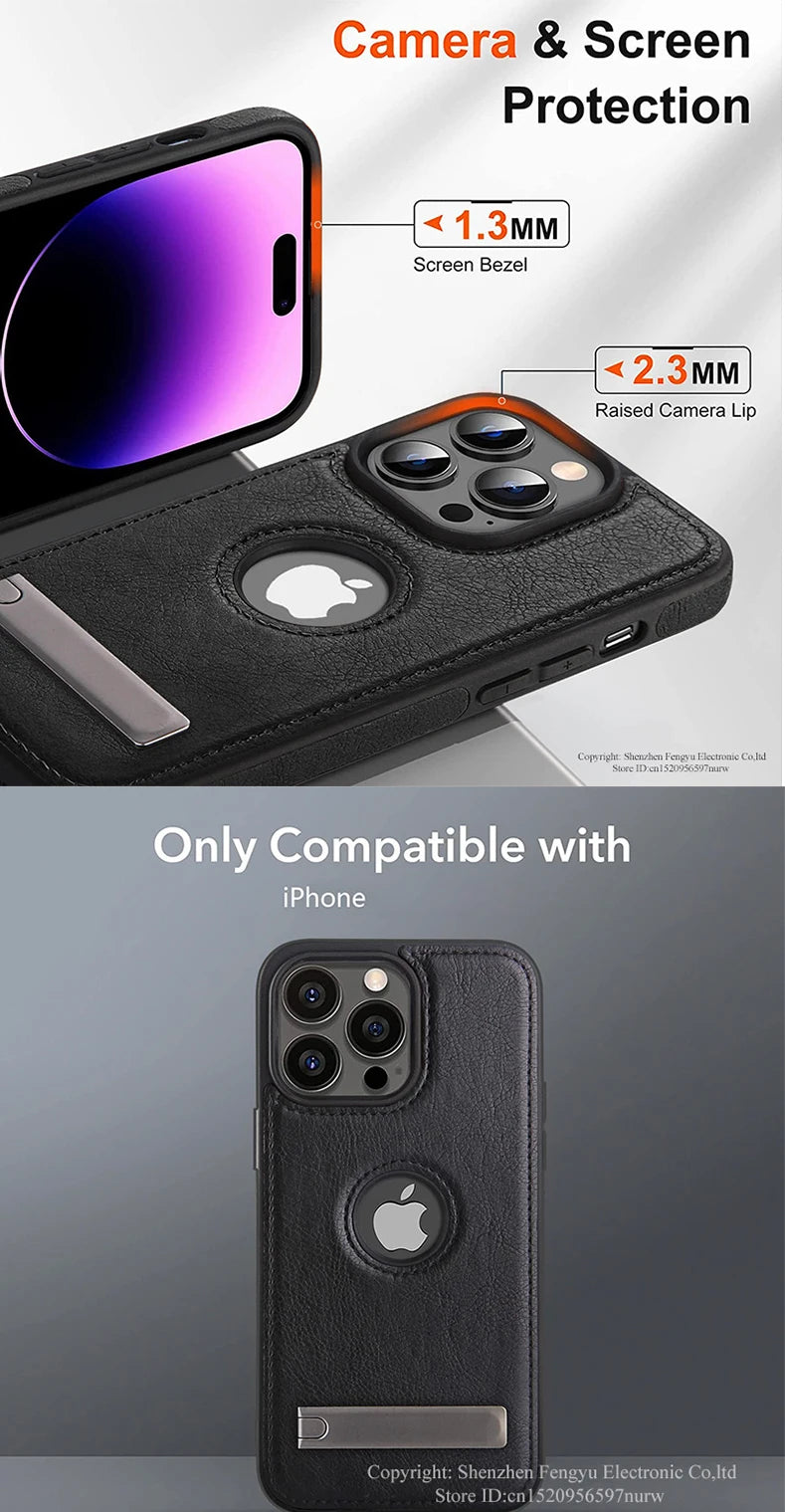 PU Leather Phone Case with Kickstand for iPhone 17 16 15 Pro Max 14 Plus 13 12 11 Mini Soft Grip Luxury Back Cover with Stand