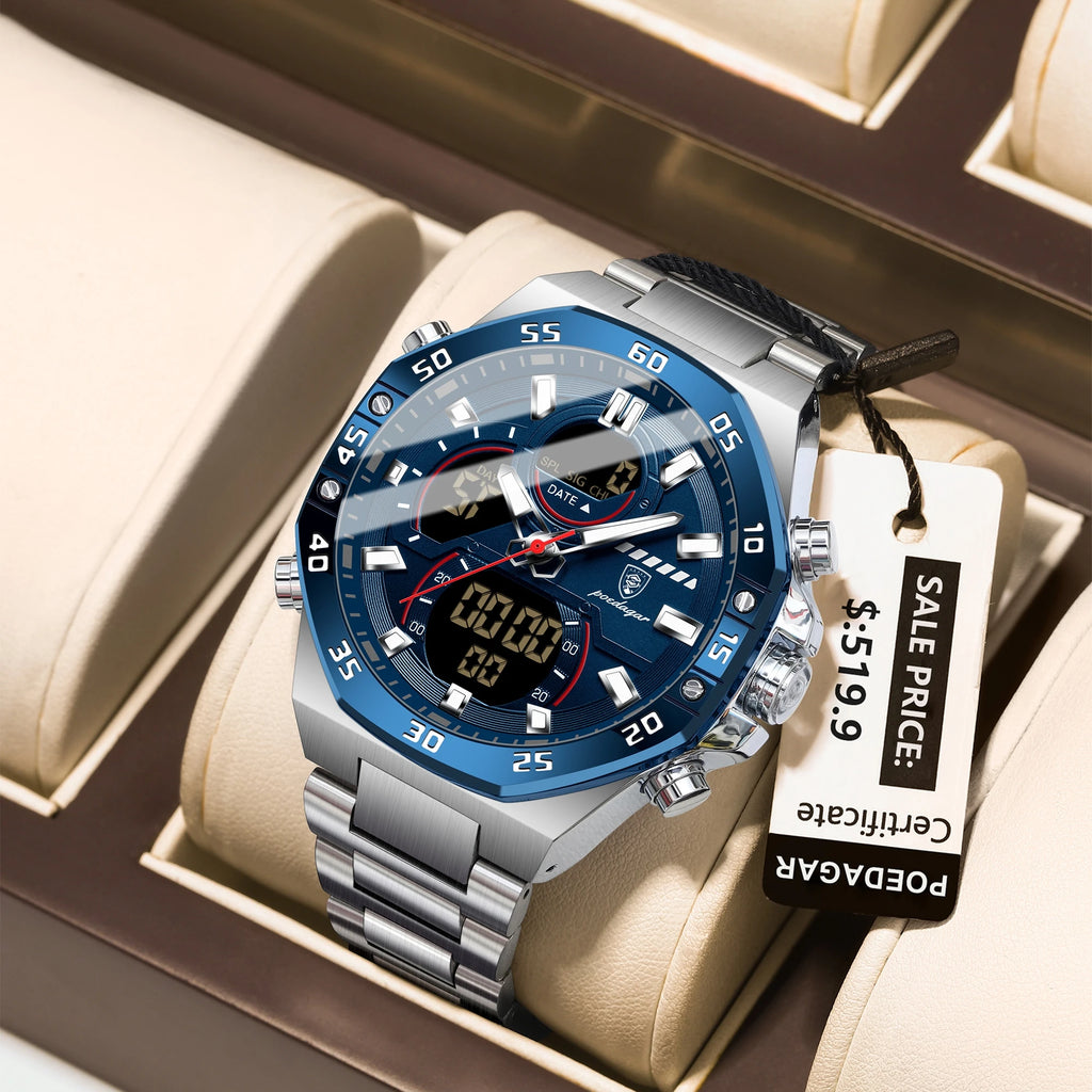 POEDAGAR Top Sport Men Clock LED Luminous Waterproof Week Date Man Watch Electronic Stainless Steel Fashion Quartz Men's Watches