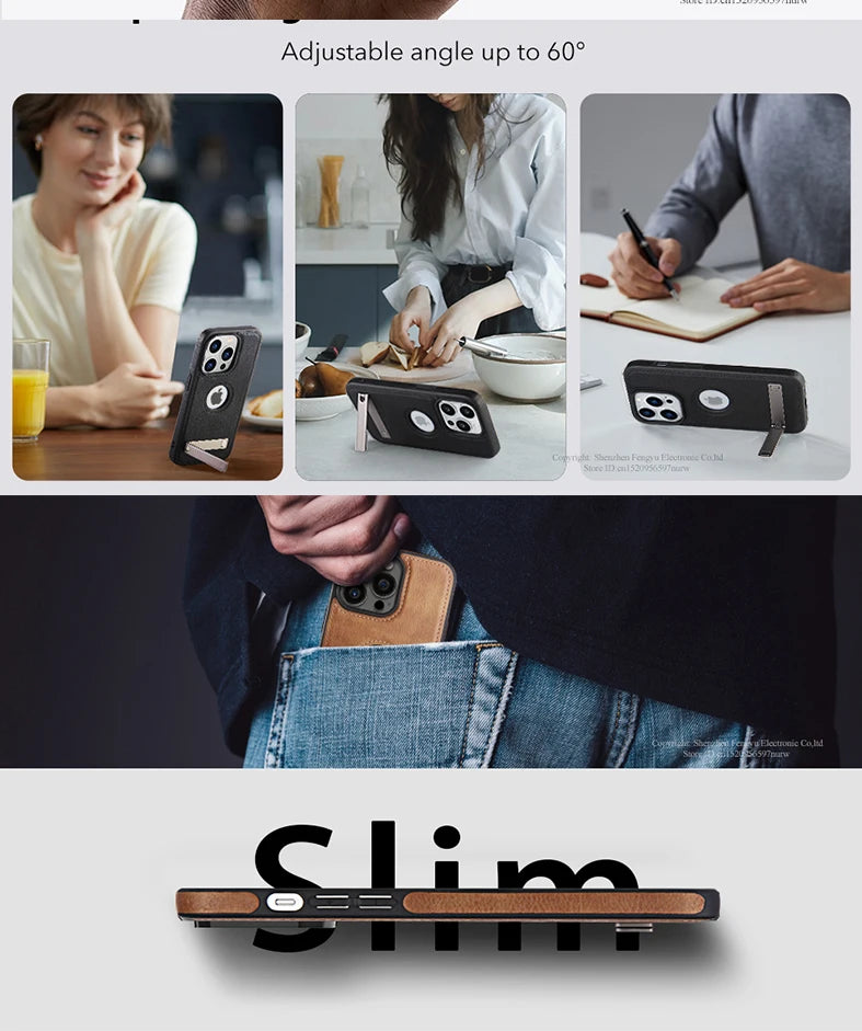 PU Leather Phone Case with Kickstand for iPhone 17 16 15 Pro Max 14 Plus 13 12 11 Mini Soft Grip Luxury Back Cover with Stand