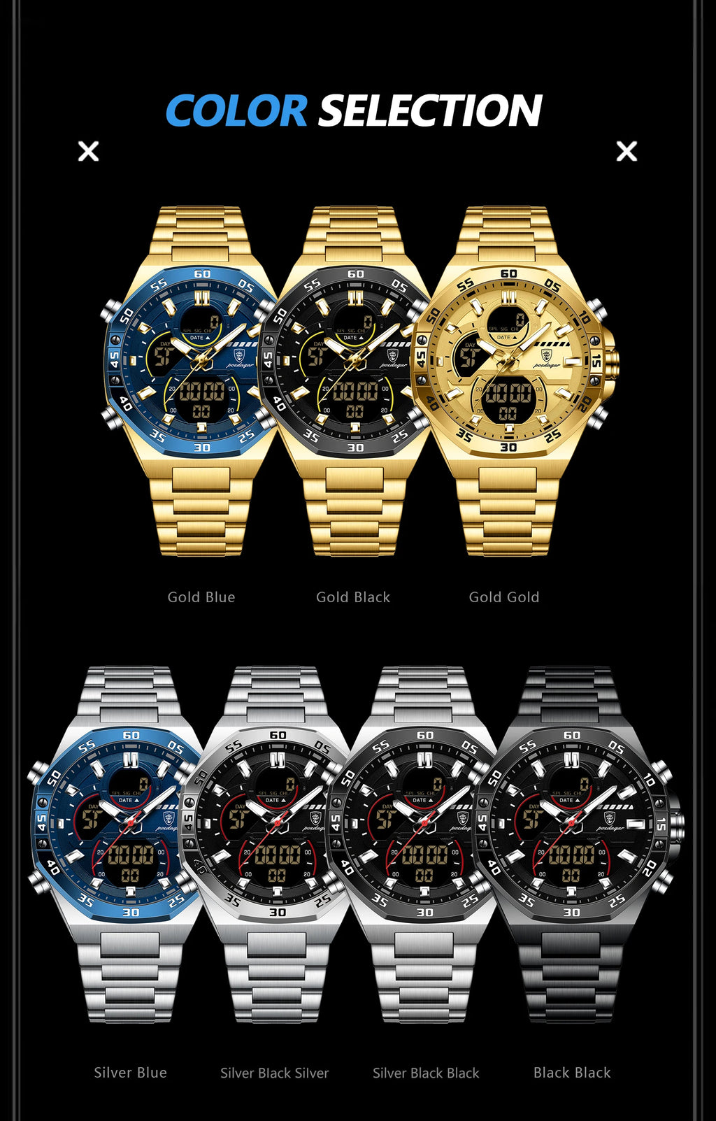 POEDAGAR Top Sport Men Clock LED Luminous Waterproof Week Date Man Watch Electronic Stainless Steel Fashion Quartz Men's Watches