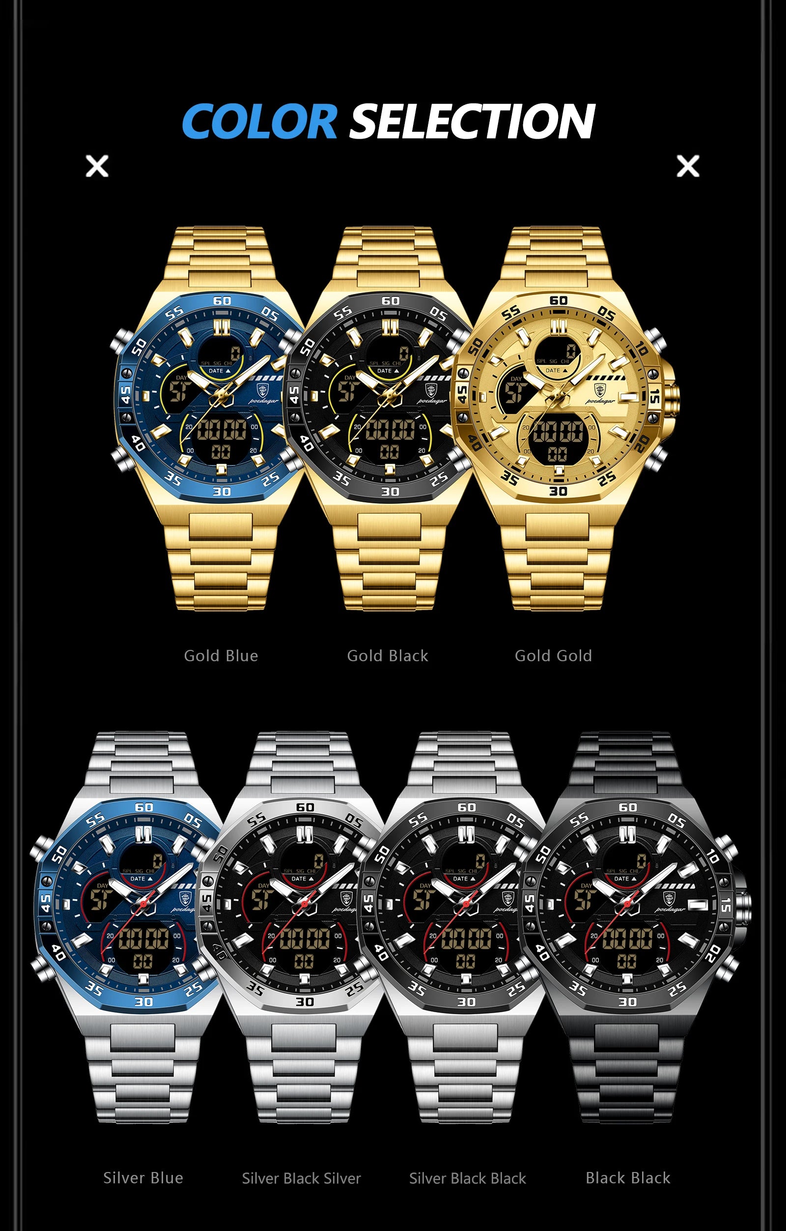 POEDAGAR Top Sport Men Clock LED Luminous Waterproof Week Date Man Watch Electronic Stainless Steel Fashion Quartz Men's Watches