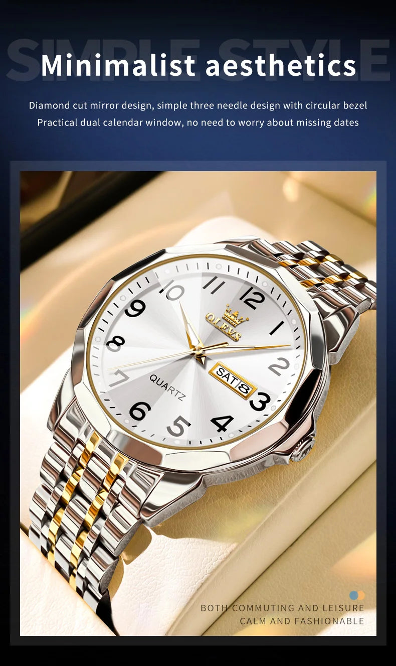 OLEVS Men's Watches Rhombus Mirror Original Quartz Watch for Man Waterproof Luminous Stainless Steel Wristwatch Male Date Week