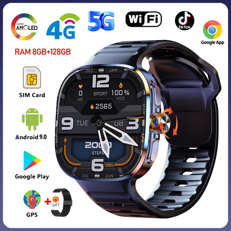 8GB+128GB RAM 5G/4G Smart Watch 2.4 inch AMOLED 2100mah Battery 900W Camera GPS WIFI Google APPS Download Smartwatch Android 10