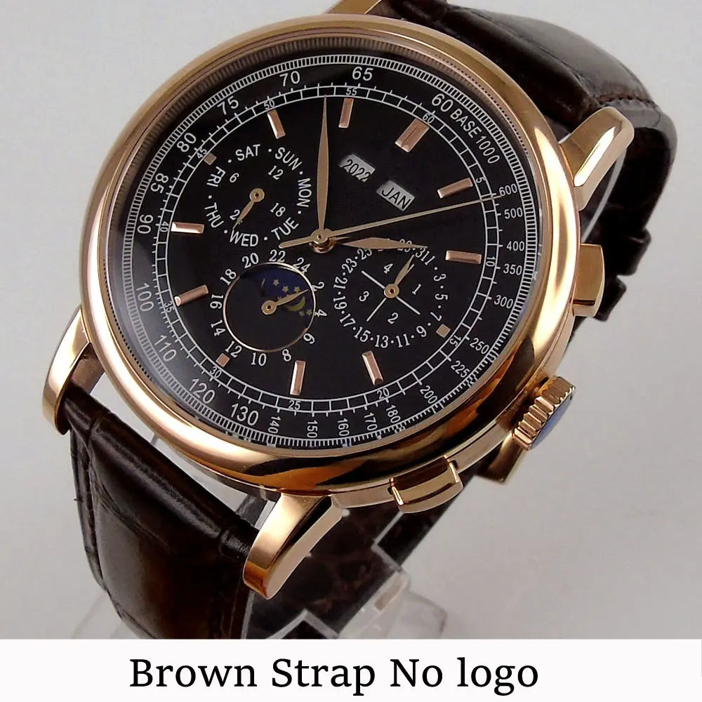 Corgeut 42mm Automatic Men's Watch Date Day Month Year Salmon Dial Multifunction 316L Leather Strap Polished Case Day Night