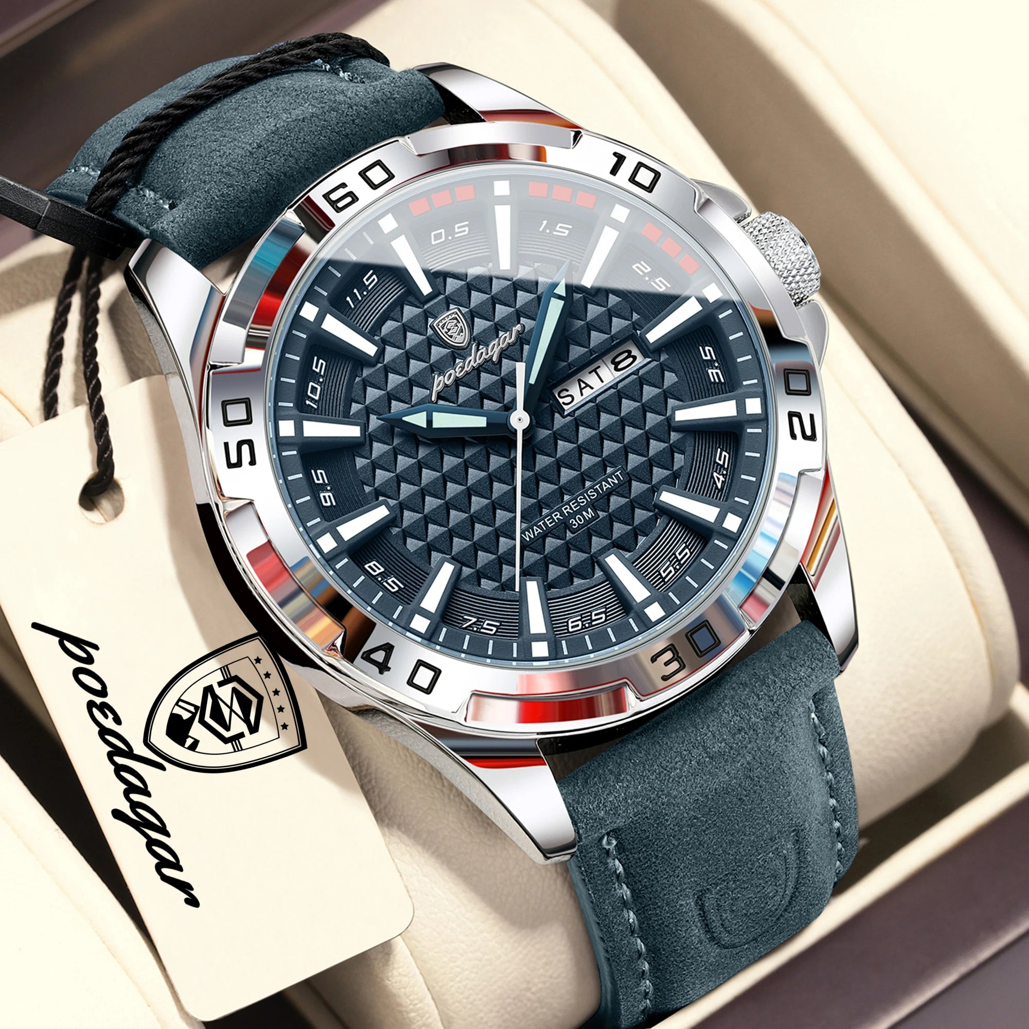 POEDAGAR Top Casual Sports Men Watch Waterproof Luminous Date Week Fashion Watch For Man Leather Classic Men's Quartz Wristwatch