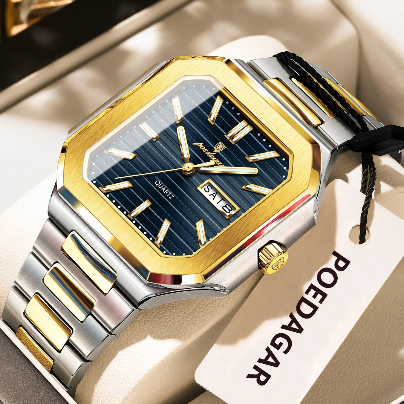 POEDAGAR Luxury Square Male Watch Waterproof Luminous Date Week Quartz Watches For Men Stainless Steel Fashion Men's Clock Reloj